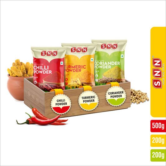 SNN Chilli Powder 500g | Turmeric Powder 200g | Coriander Powder 200g Combo - SNN Foods