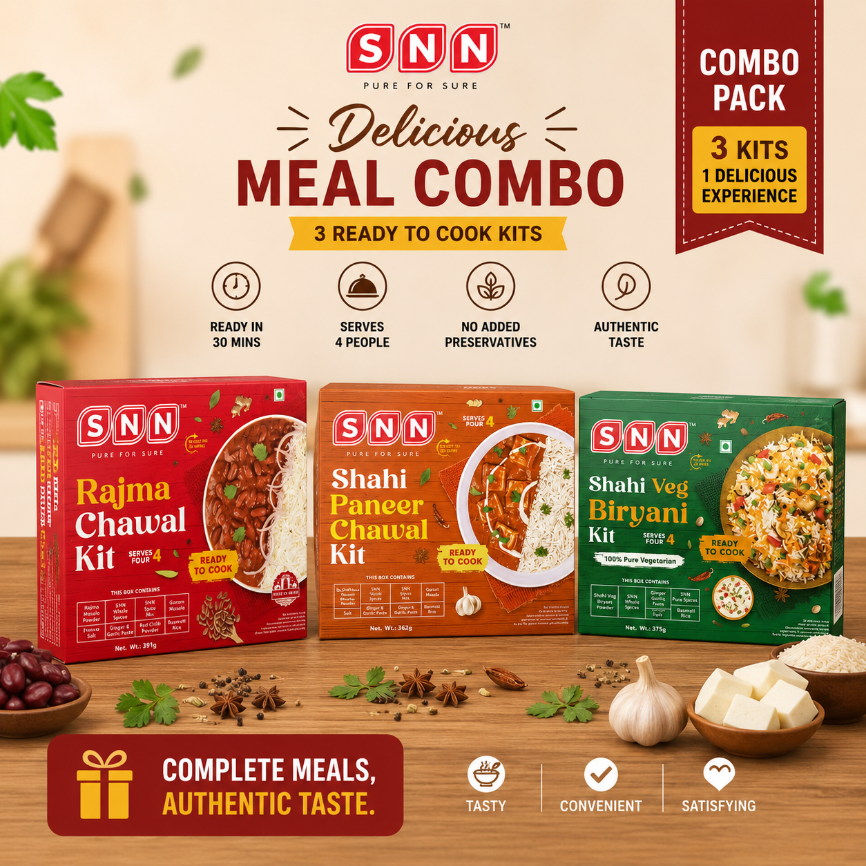 SNN Rajma chawal, Shahi Paneer chawal & Shahi veg Biryani Kits Combo