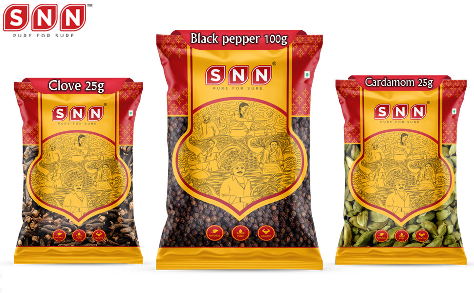 SNN Cardamom 25g, Black Pepper 100g  & Clove 25g Combo - SNN Foods
