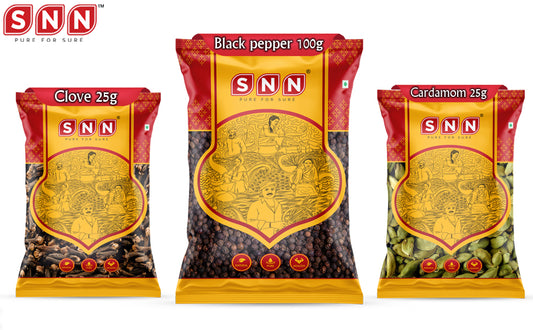 SNN Cardamom 25g, Black Pepper 100g  & Clove 25g Combo - SNN Foods