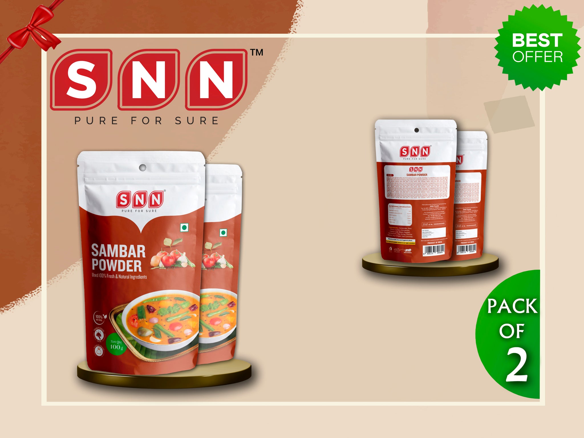 SNN Sambar Powder Pack of 2 - Each pack 100g - SNN Foods